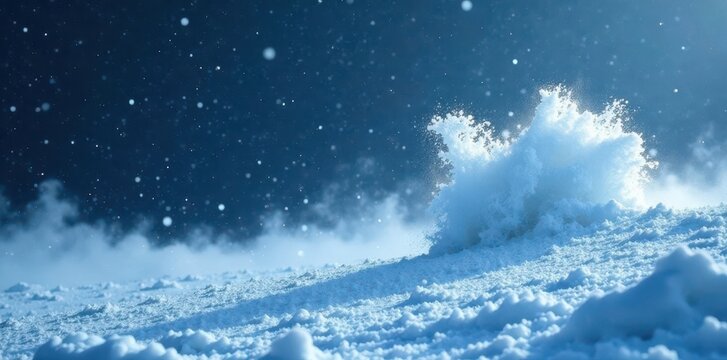 Strong gusts of wind blowing heavy snow in a dark blue landscape, snowdrifts, strong winds, weather storm