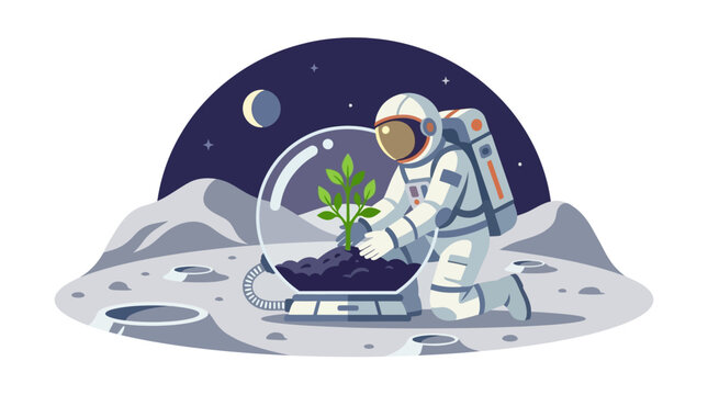 Astronaut planting a green tree in a protective glass dome on lunar surface flat design vector illustration.