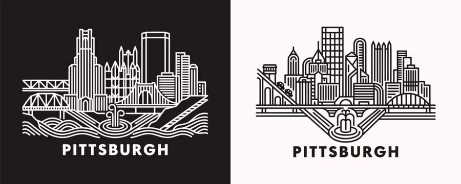 Pittsburgh Pennsylvania City Skyline Linear Illustration set in Black and White styles