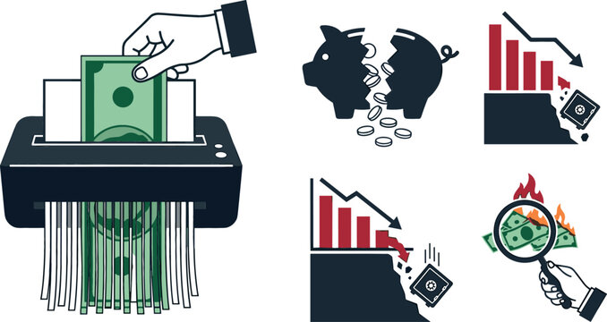 Financial Loss and Bankruptcy Concept Icon Collection Vector Featuring Paper Shredder Destroying Cash Broken Piggy Bank Falling Market Charts and Burning Money
