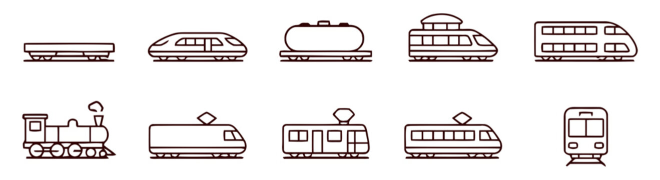 Trains and railway vehicles are showcased in a series of minimalist line icons for transport sets.