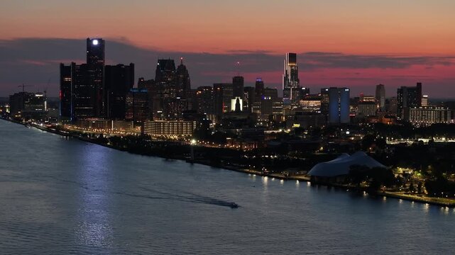 aerial view of city skyline in Detroit downtown in the night