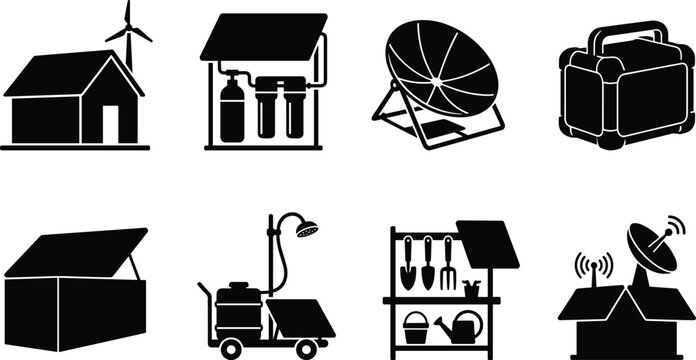Eco friendly sustainable living and green energy icon set for smart off grid house infrastructureEco friendly sustainable living and green energy icon set for smart off grid house infrastructure