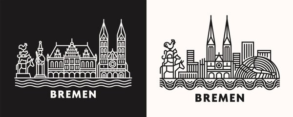 Bremen Germany City Skyline Linear Illustration set in Black and White styles © Quivr