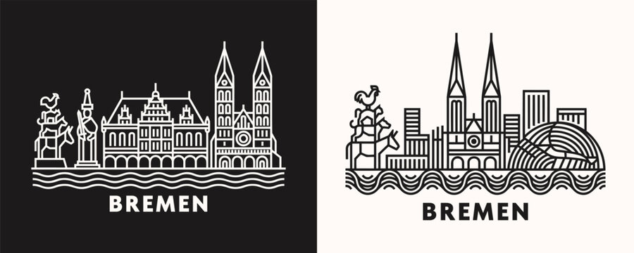 Bremen Germany City Skyline Linear Illustration set in Black and White styles