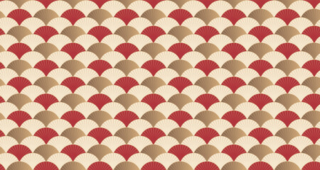 Elegant vector and festive red and gold seamless wave pattern featuring traditional scallop and fish scale motifs, for lunar new year, festival designs, and holiday decor. © mei