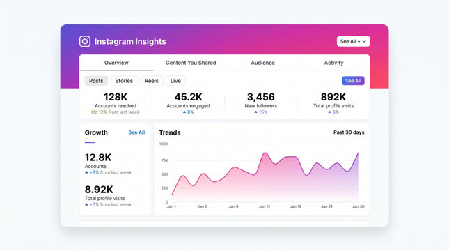 Instagram Insights analytics dashboard interface mockup. Social media metrics UI with charts, graphs, followers, profile visits. Data visualization.
