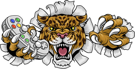 A jaguar, panther, leopard or cheetah wildcat spotted cat gamer sports mascot holding a video game controller © Christos Georghiou