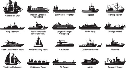 Obraz premium Set of various marine vessel silhouettes including cargo ships cruise liners yachts and industrial watercraft vector illustration