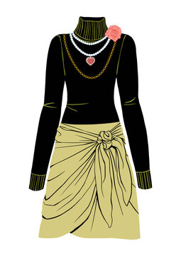 Women's boho look, black long sleeve skivvy, yellow wrap skirt, beaded necklaces, pink red rose decorative feature