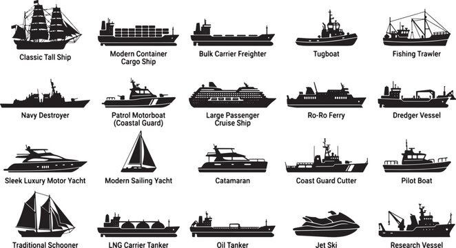 Set of various marine vessel silhouettes including cargo ships cruise liners yachts and industrial watercraft vector illustration