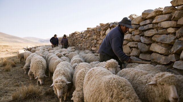 Shepherds herding sheep near stone wall