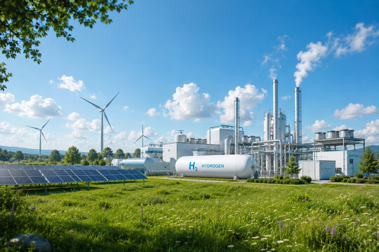 Modern green hydrogen production facility surrounded by lush meadow under bright blue sky