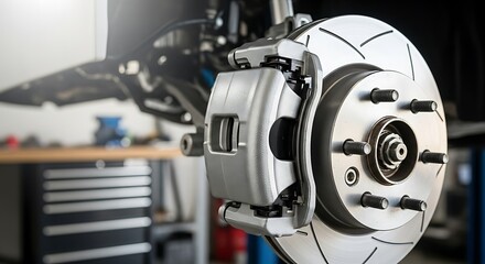 Detailed close-up of a car's brake disc with caliper, revealing automotive mechanics © Albert
