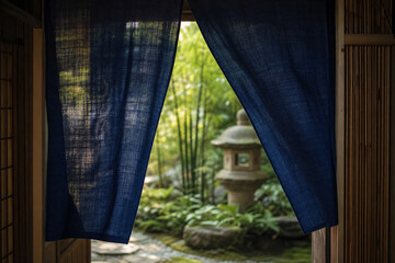 Traditional Japanese noren doorway curtain summer garden view through fabric