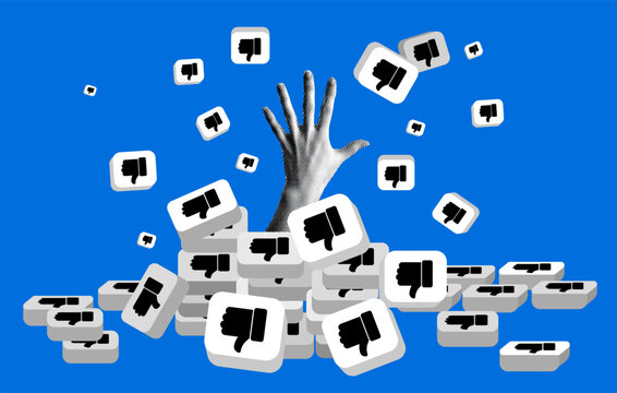 Halftone hand drowns in dislike buttons. Concept of cyberbullying. Social media addiction. Hate on social media. Impact of negative reactions on a person. Modern collage