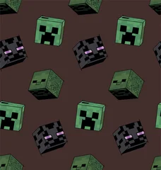 Fotobehang Minecraft Pixelated creature heads in a repeating pattern on a dark brown background  © SA Graphic Desing