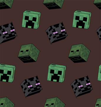Pixelated creature heads in a repeating pattern on a dark brown background