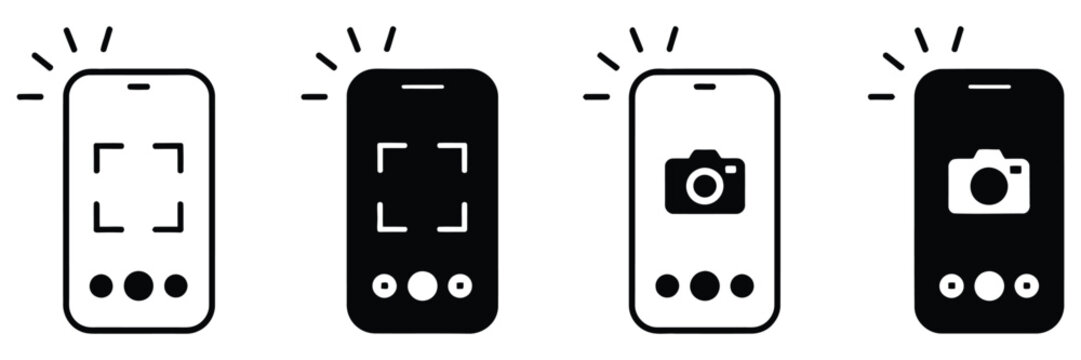 Take photo icon, camera signs featuring photography flash symbol, phone picture symbols, photo camera icons in black color, clean vector sign set for digital media and mobile applications.