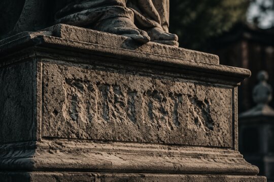 A stone statue pedestal with a name chiseled away.