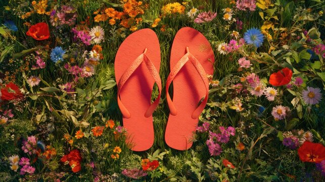 Bright coral flip flops placed in a lush meadow filled with colorful summer wildflowers instead of sand, playful seasonal contrast, ultra realistic
