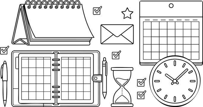 Time management and productivity planner line art icon set vector