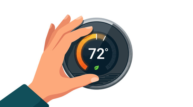 Human hand adjusting circular smart thermostat dial for energy efficient home temperature control flat design vector illustration.