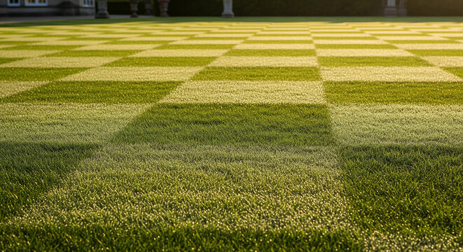 Close up of beautiful green grass with a clear checkerboard mowing pattern perfect for professional lawn care backgrounds