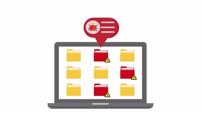 Animation of infected computer folders warning. Laptop screen with yellow and red files, alert icons and bug notification for malware infection, data corruption and system security risk concept.