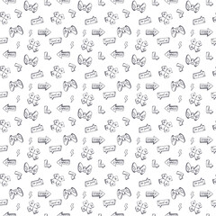 Fototapeta premium Retro video game controllers and directional arrows in a playful doodle pattern on white background