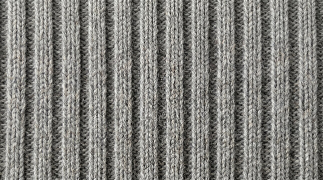 Close-up of grey ribbed knit fabric texture with parallel vertical ribs, cozy heathered melange wool sweater material background
