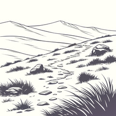 Fototapeta premium Black and white ink of a rocky hiking trail winding through a grassy mountain landscape with distant peaks under a clear open sky view