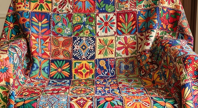 Colorful Patchwork Quilt with Intricate Patterns and Vibrant Colors for Home Decor.