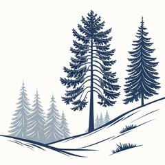 Of a serene forest landscape with tall pine trees on a snowy hill, isolated on a clean white background, style © md munna