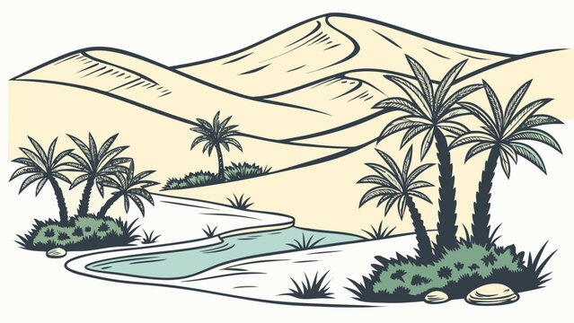 Of a desert oasis with palm trees, a winding river, and large sand dunes, isolated on a clean white background