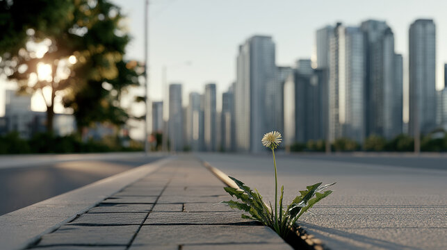 Lonely white flower grows from city sidewalk crack, urban nature contrasts with modern skyscraper background, morning sunlight