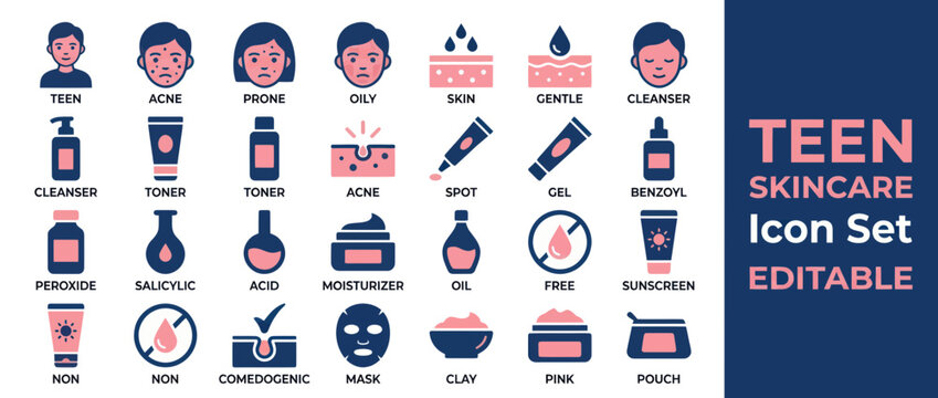 Teen skincare icons featuring acne treatment and facial care products