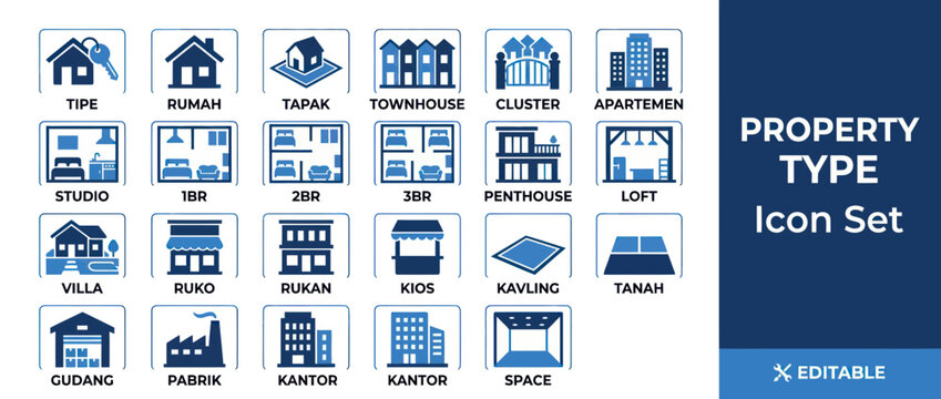 Real estate and property type icon set for housing and business