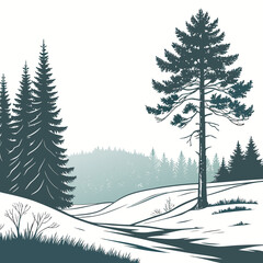 Winter forest landscape with tall evergreen pine trees and a snowy hillside, hand-drawn style in dark green and white © md munna