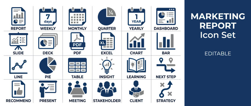 Marketing report and business data analysis icon set
