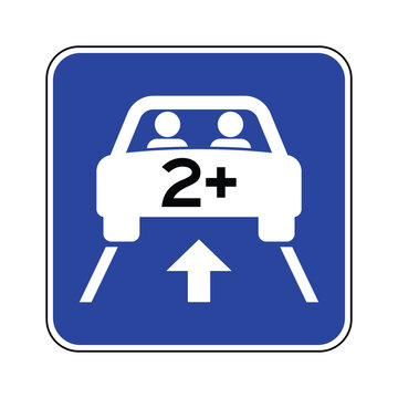 Carpool Lane Road Sign with Two Occupants Symbol and Direction Arrow &ndash; High Occupancy Vehicle HOV Traffic Regulation Vector Icon for Highway Transportation and Road Safety