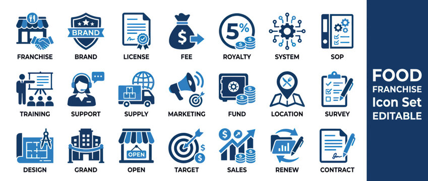 Food franchise management icon set for restaurant business operations