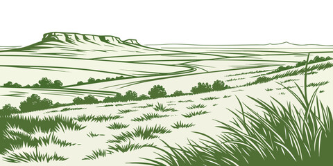 Desert landscape with a flat-topped mesa, rolling hills, and wild grasses in a stylized green and light-colored style © md munna