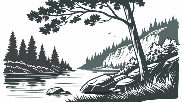 Monochrome landscape featuring a calm river flowing through a forest with pine trees, large rocks, and a leaning tree in foreground