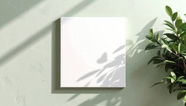 White canvas hanging on a textured pastel green wall with dappled light and shadow from a plant