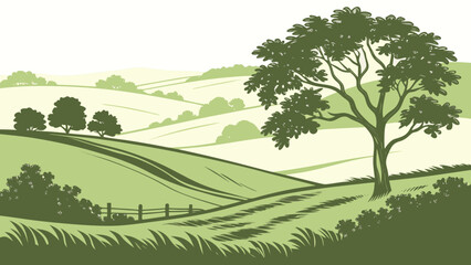 Rolling green hills landscape with a large deciduous tree, wooden fence, and grassy meadows in a stylized format © md munna