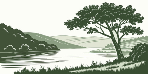 Scenic river landscape featuring a large tree on the grassy bank, rolling hills, and lush vegetation in a muted green color tone © md munna