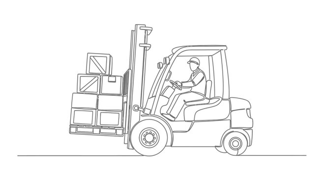 Forklift operator lifting stacked boxes in warehouse.