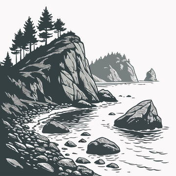 A coastal landscape featuring rocky cliffs and a pebble beach by the sea with pine trees on the hillside in a flat style