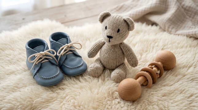 Baby Shoes Teddy Bear and Wooden Rattle on a Soft Rug